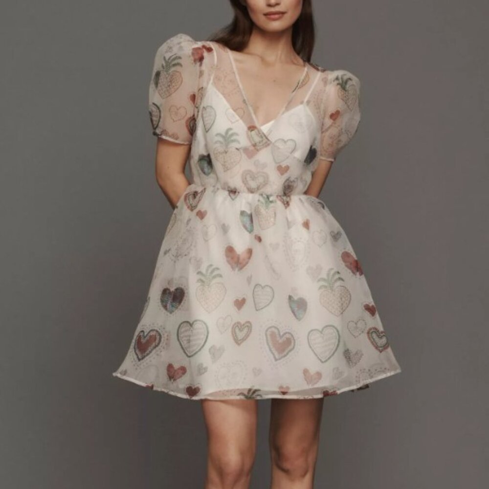 Farm Rio x Anthropologie Semi Sheer Puff Sleeve Heart Print Babydoll Dress XL